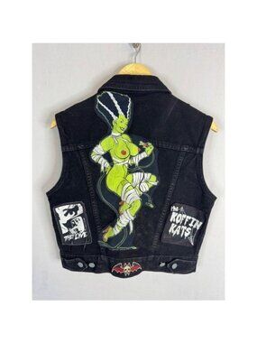Koffin Kats Jeans Denim Vest Horror Punk Bride of Frankenstein Patches Women L